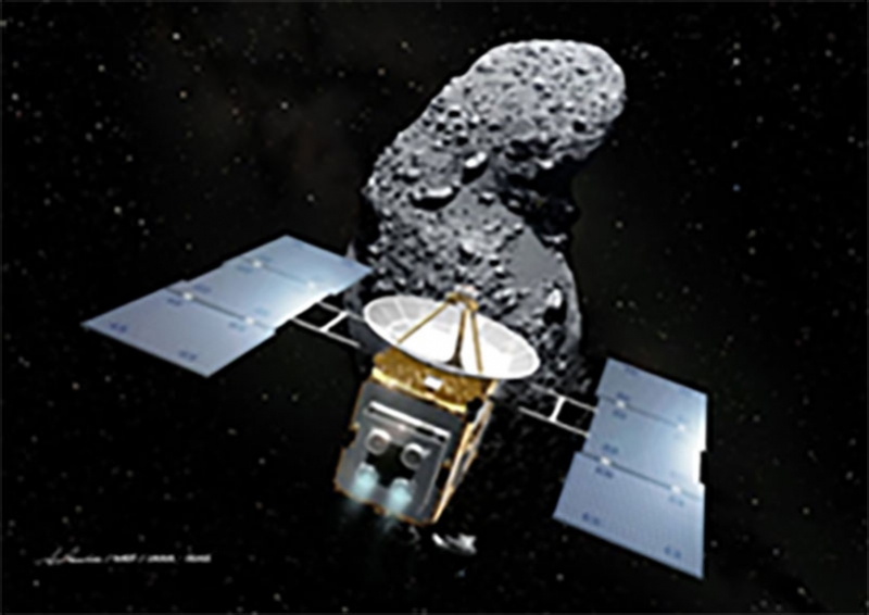 模型の展示を予定している探査機はやぶさと小惑星イトカワ　イラスト：池下章裕
