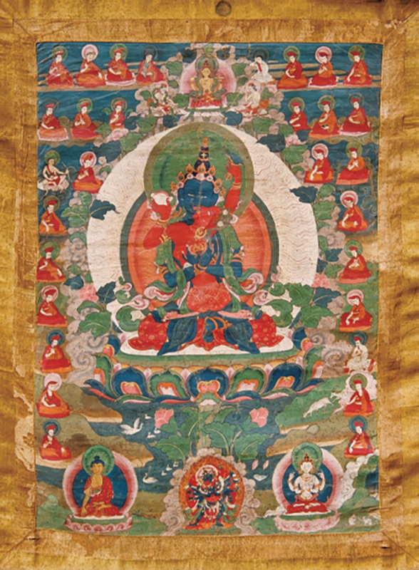 《ドルジェ・チャン父母仏タンカ》 
17世紀〜18世紀末期 綿本彩色、鉱物顔料　
ブータン王国国立博物館