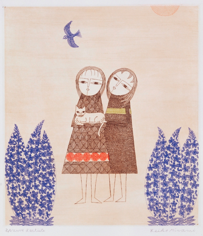 南桂子《2人の少女と猫》1969年　エッチング、サンドペーパー・紙　高岡市美術館蔵