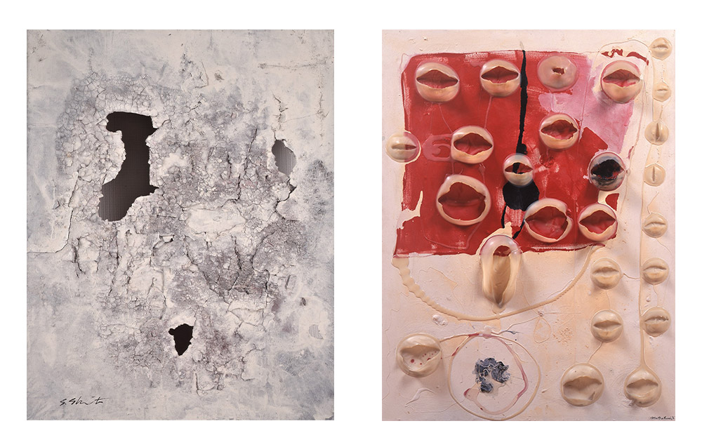 （左）嶋本昭三 《作品》 1954年　塗料、新聞紙　&copy;shimamotoLAB Inc.　芦屋市立美術博物館蔵、（右）松谷武判 《繁殖の63-130》　1963年　ビニール接着剤、アクリル、板　芦屋市立美術博物館蔵