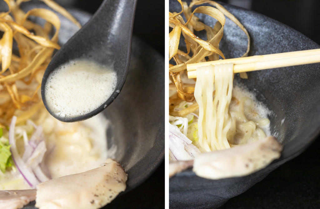 泡立てたふわふわのスープが色白のストレート麺に絡む