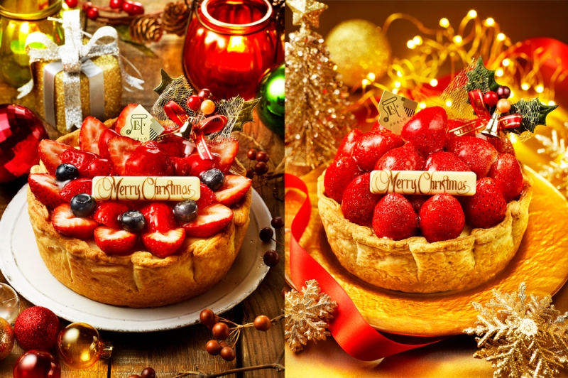 たっぷりいちごのクリスマスチーズタルト（左）、たっぷりいちごのクリスマスチーズタルト‐贅沢ver.‐（右）