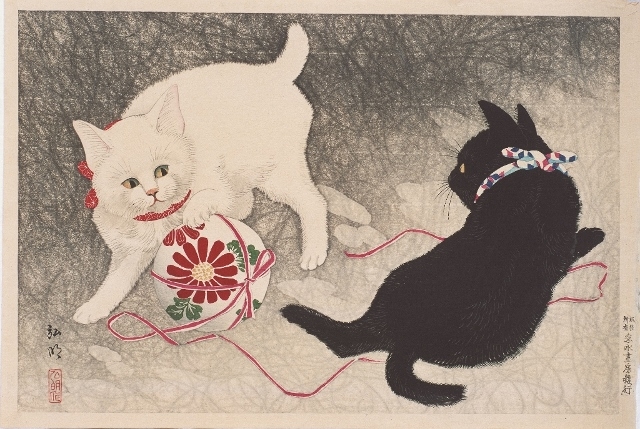 高橋弘明 毬と遊ぶ白猫、黒猫 木版画 個人蔵