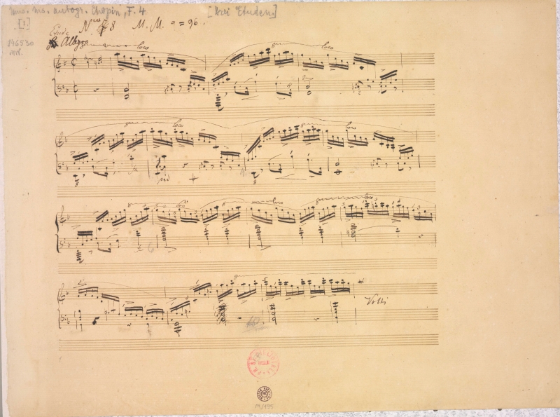 《「エチュード ヘ長調 作品10の8」自筆譜（製版用）》
フリデリク・ショパン、1833年以前、インク、紙
Photo:The Fryderyk Chopin Institute