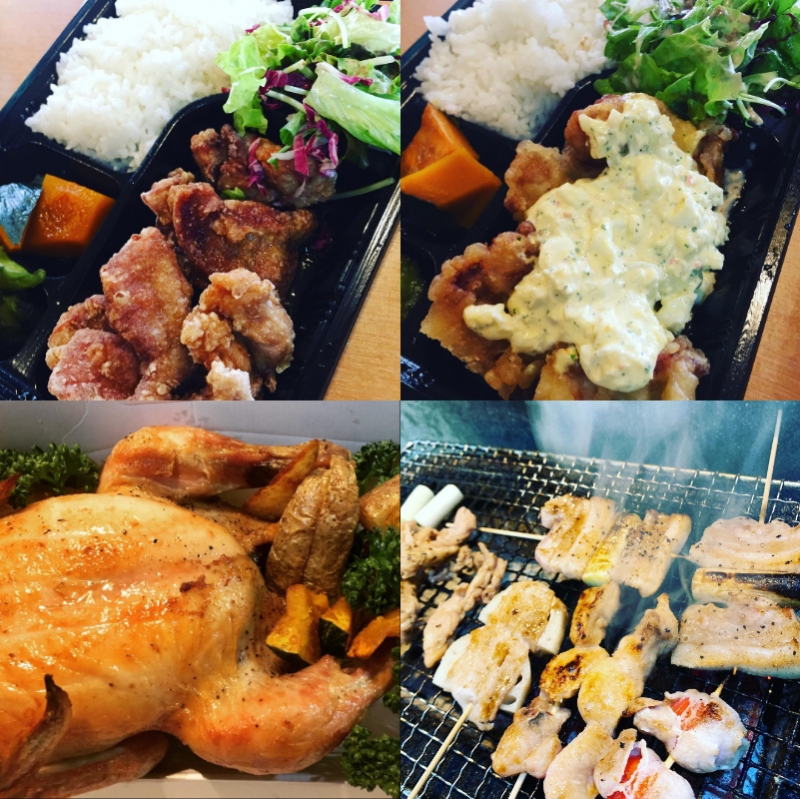 左上：唐揚げ弁当（650円）、右上：チキン南蛮弁当（650円）、左下：ローストチキン 1羽（2580円・要予約）、串焼き盛り合わせ8本（1100円）