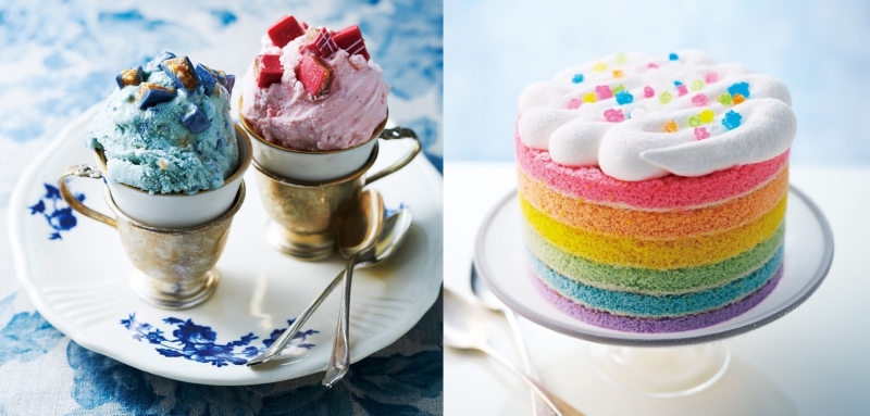 （左）幸福の青と情熱の赤 チョコジェラートセット（右）レインボーアイスケーキ