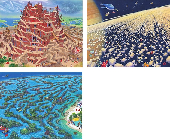 （左上）③バベルの塔　2008年　『伝説の迷路』より
（右上）④土星のリング　2011年　『宇宙の迷路』より
（左下）⑤グレートバリアリーフ　2006年　『自然遺産の迷路』より
