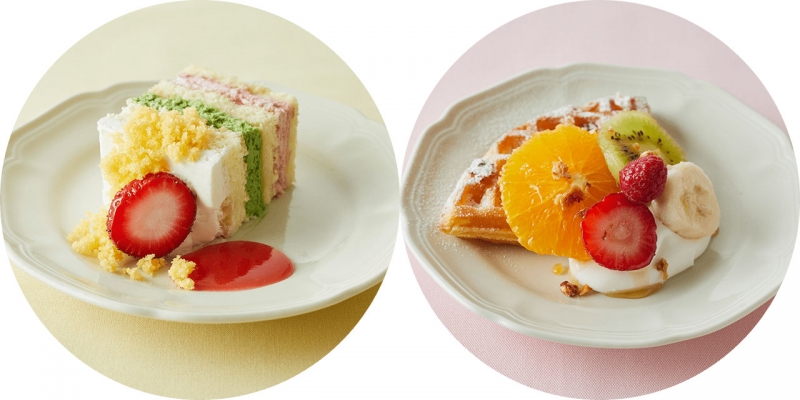 （左）ピスタチオとベリーのミモザショートケーキ
（右）フルーツワッフル
