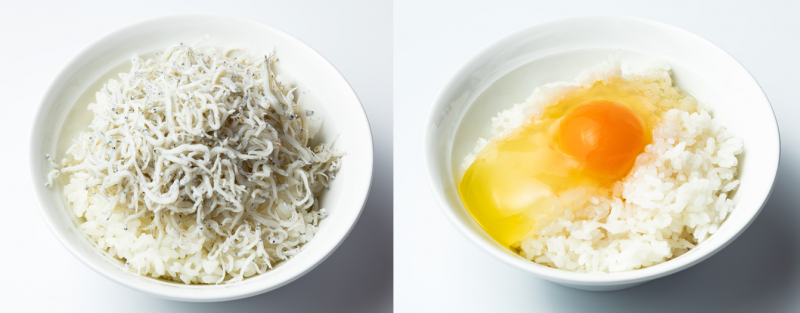 【左】隣の西浦水産のしらすご飯 350円【右】北坂養鶏場の卵かけご飯　280円