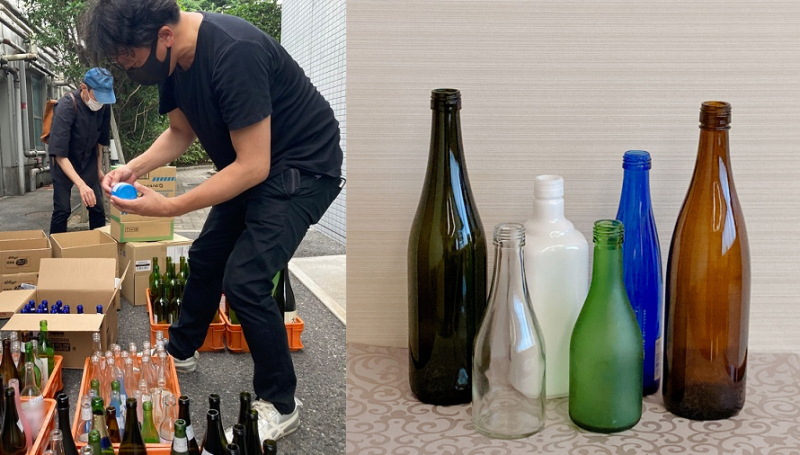 【左】白鶴酒造での空き瓶選定の様子【右】使用済み空き瓶