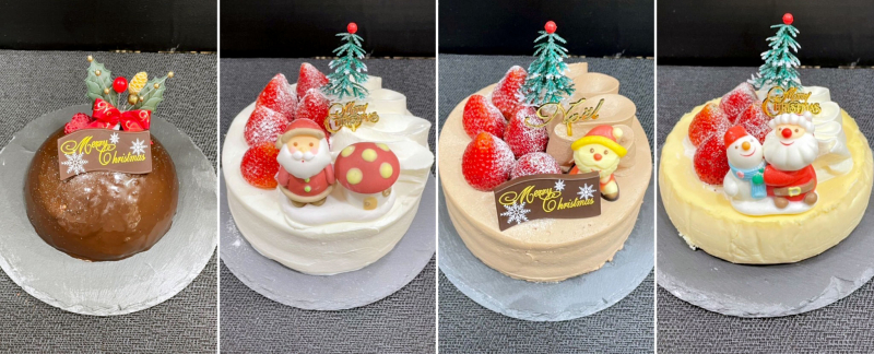 クリスマスケーキ：左からアストロス、ガトー・オ・フレーズ（生クリーム）、（ショコラ）、ベイクドチーズ
〈提供写真〉