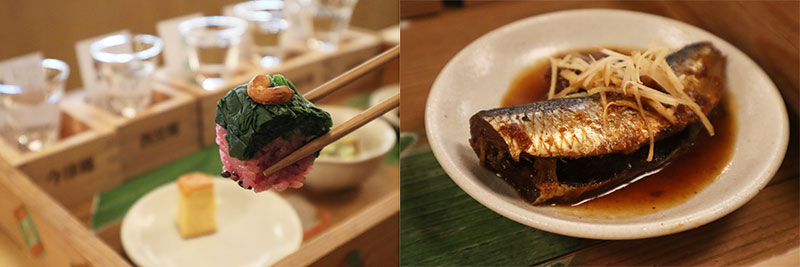 島中さんのちぢみホウレンソウの棒寿司、剣菱の日本酒を潤沢に使った朝獲りのマイワシと完熟梅のショウガ煮