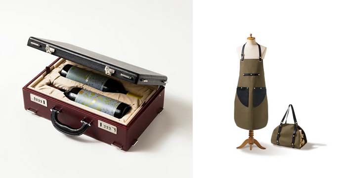 左：豊岡鞄とのコラボレーション
右：デザイナー梅野聡氏によるアウトドア用のエプロンと薪バッグ