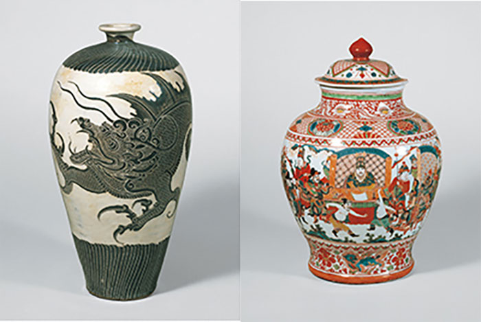 左：重要文化財 白地黒搔落龍文梅瓶
右：五彩武人図有蓋壺