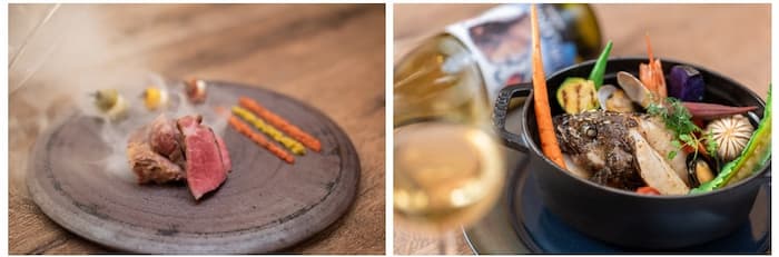 左：イベリコ豚のアサードと世界の塩、右：海の幸の冷製サルスエラ（スペイン風ブイヤベース）