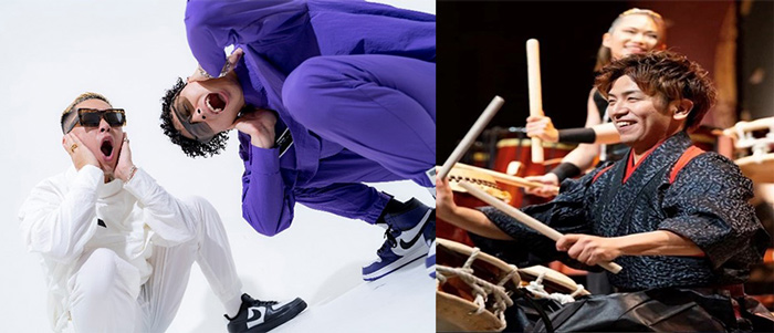 （左）神戸発の2MCダンスユニット「NO NEME,S（ノーネイムズ）」、（右）尼崎市出身の和太鼓・篠笛奏者「山中 裕貴さん」