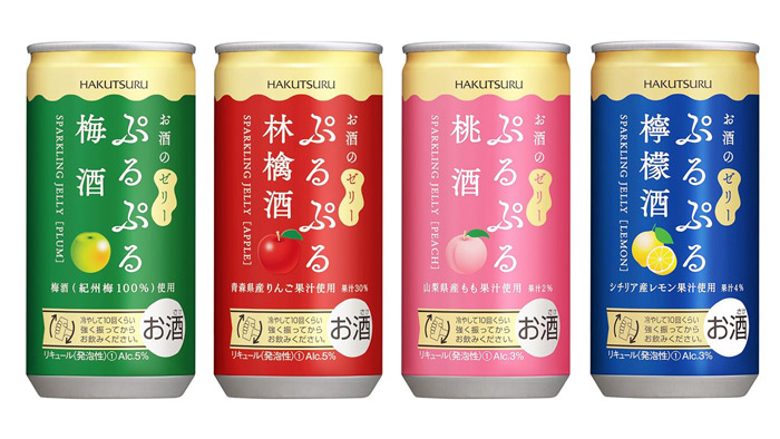 左から「ぷるぷる梅酒」「ぷるぷる林檎酒」「ぷるぷる桃酒」「ぷるぷる檸檬酒」