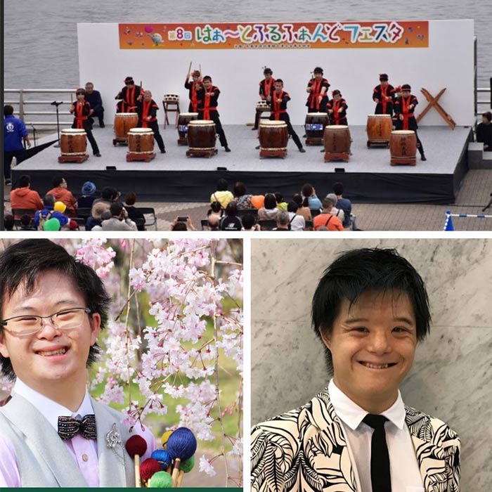 （上）「神戸なかよし太鼓」、（右下）ダウン症のマリンバ奏者・多田 駿介さん、（左下）ダウン症のピアニスト・鈴木 凜太朗さん