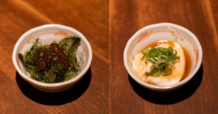 （左）プチプチ食感と磯の香りがたまらない「海ぶどう」、（右）落花生の甘みともっちりとした口当たりが心地よい「じーまみ豆富」