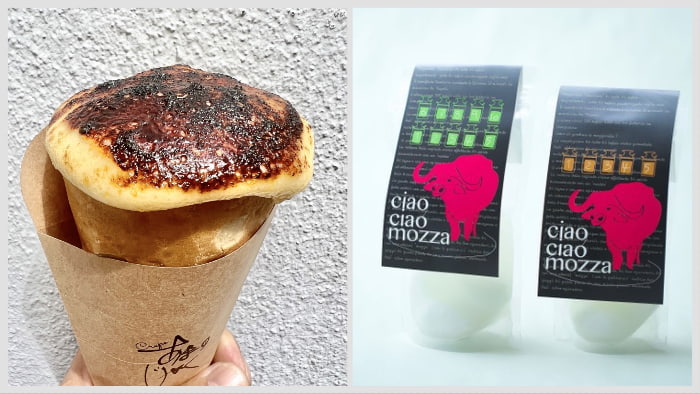 （左）「アイスクリームブリュレ」は平日のみ販売（Crepeあまのじゃく）
（右）水牛のミルクで作られた「モッツァレラ ディ ブファラ」はクリーミーな味わい（チャオマミ）