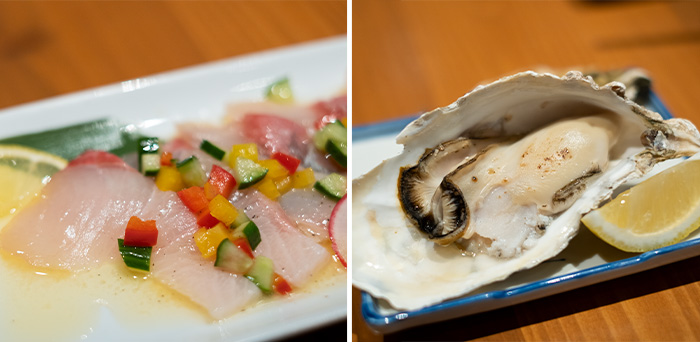 大ぶりでプリップリの身がたまらない「小長井牡蠣」（写真右）は焼き牡蠣で♡