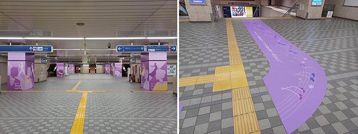 （写真左）駅構内柱装飾
（写真右）駅構外床面案内装飾
「阪急電鉄株式会社提供」