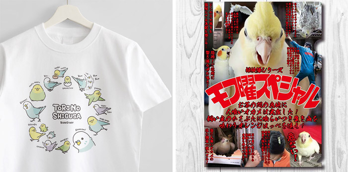 （左）『BIRDSTORY』のTシャツ、（右）『TOMOYAMASHITA』のクリアファイル