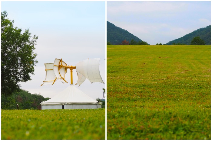 右：果てしなく広い芝生広場
左：「風のミュージアム」。新宮晋氏の作品を一堂に見ることのできる、唯一の野外ミュージアム
