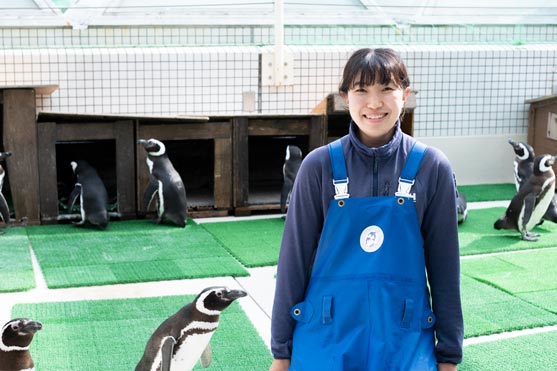 飼育員の棟近美渚子さん。個性豊かなペンギンたちには“学校の先生”のような気持ちで接しているそうです（笑）