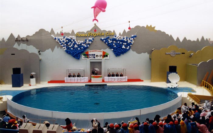 1989年にオープンした「イルカライブ館」。イルカたちのパフォーマンスに大興奮した人も多いのでは？　写真提供／須磨海浜水族園