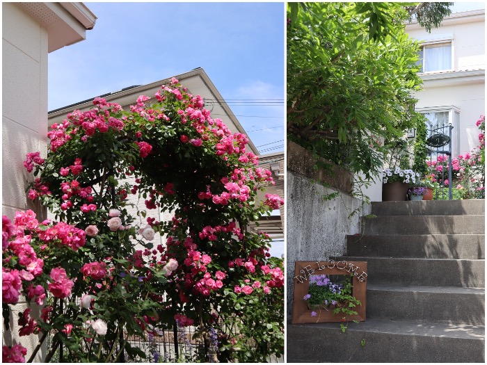 左：大きなバラのアーチ／右：生花のウエルカムボード