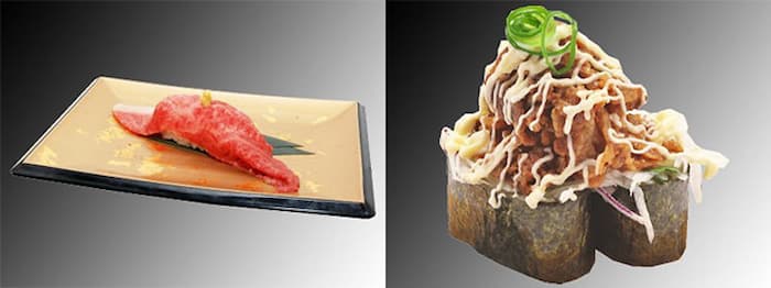 （左から）「神戸牛炙り（1貫）」440円、「牛カルビてんこ盛り」275円（各税込）