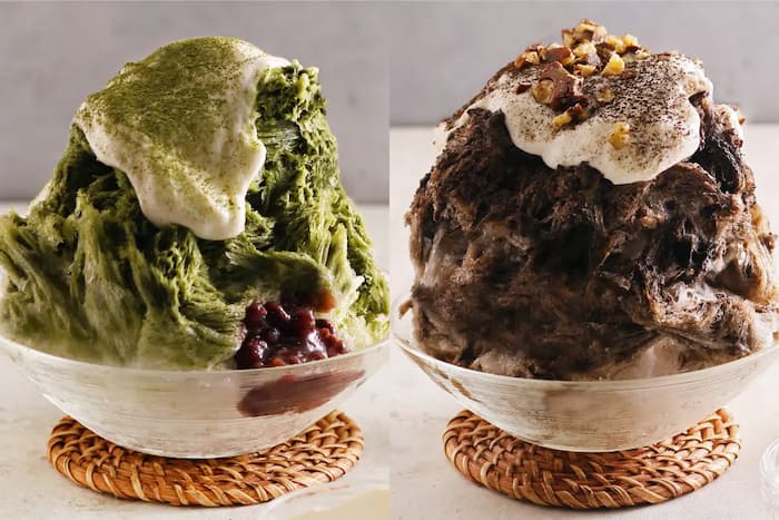 （左）「チーズクリームの抹茶かき氷」1,298円、（右）「チーズクリームのほうじ茶かき氷」1,298円（各税込）※本日のこなな茶（温）付　※こなな三宮店では販売なし