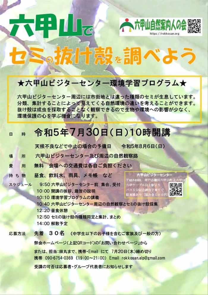 兵庫県立六甲山ビジターセンターで開催「六甲山でセミの抜け殻を調べよう」神戸市灘区 [画像]