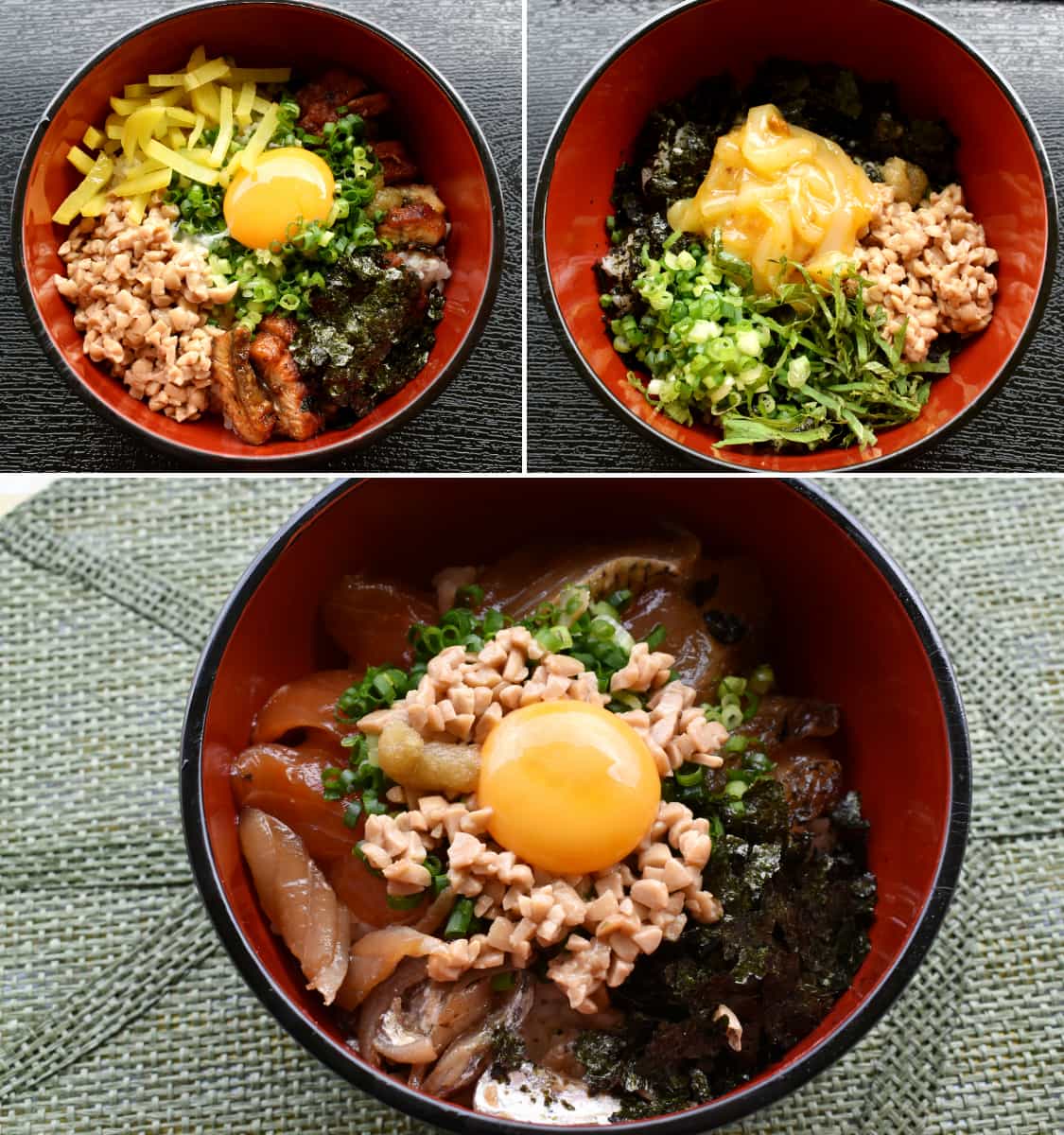 新メニューの「海鮮納豆丼」（左上：ひつまぶし、右上：イカウニ、下：漬け）1,800円～1,500円（税込）