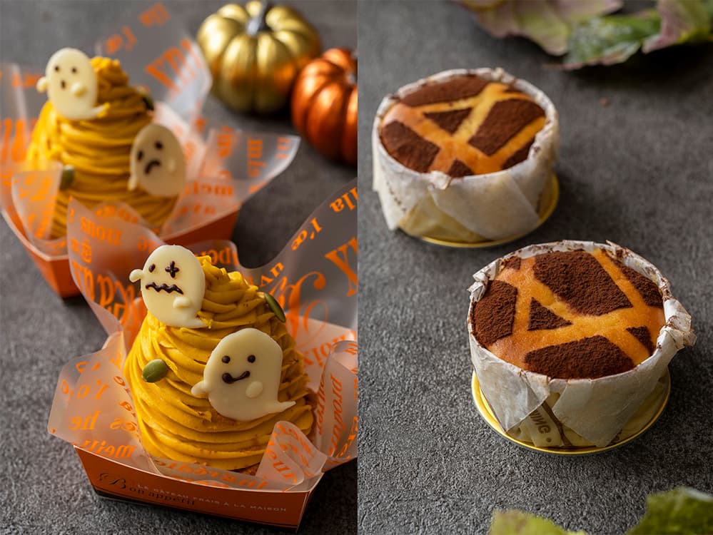 左から「かぼちゃのタルトモンブラン」610円、「お芋のバスクチーズケーキ」470円（各税込、テイクアウト料金）