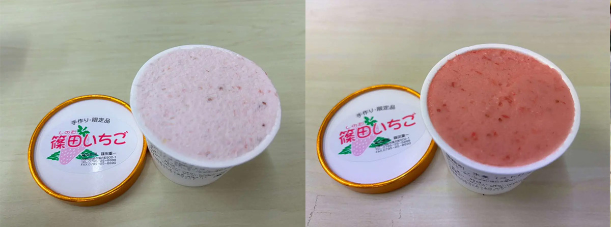 左から「篠田いちごのアイスクリーム」380円、「篠田いちごのシャーベット」380円（各税込）