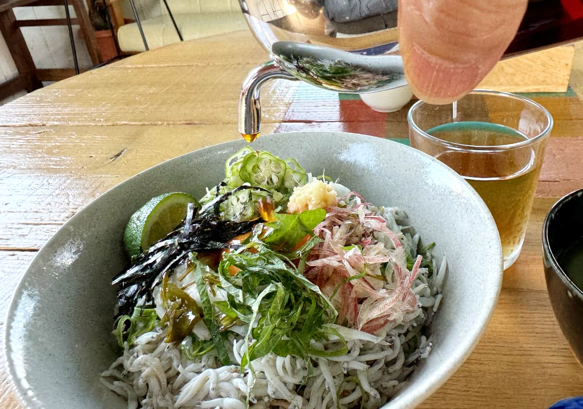 特製の出汁醤油をかけて頂きます