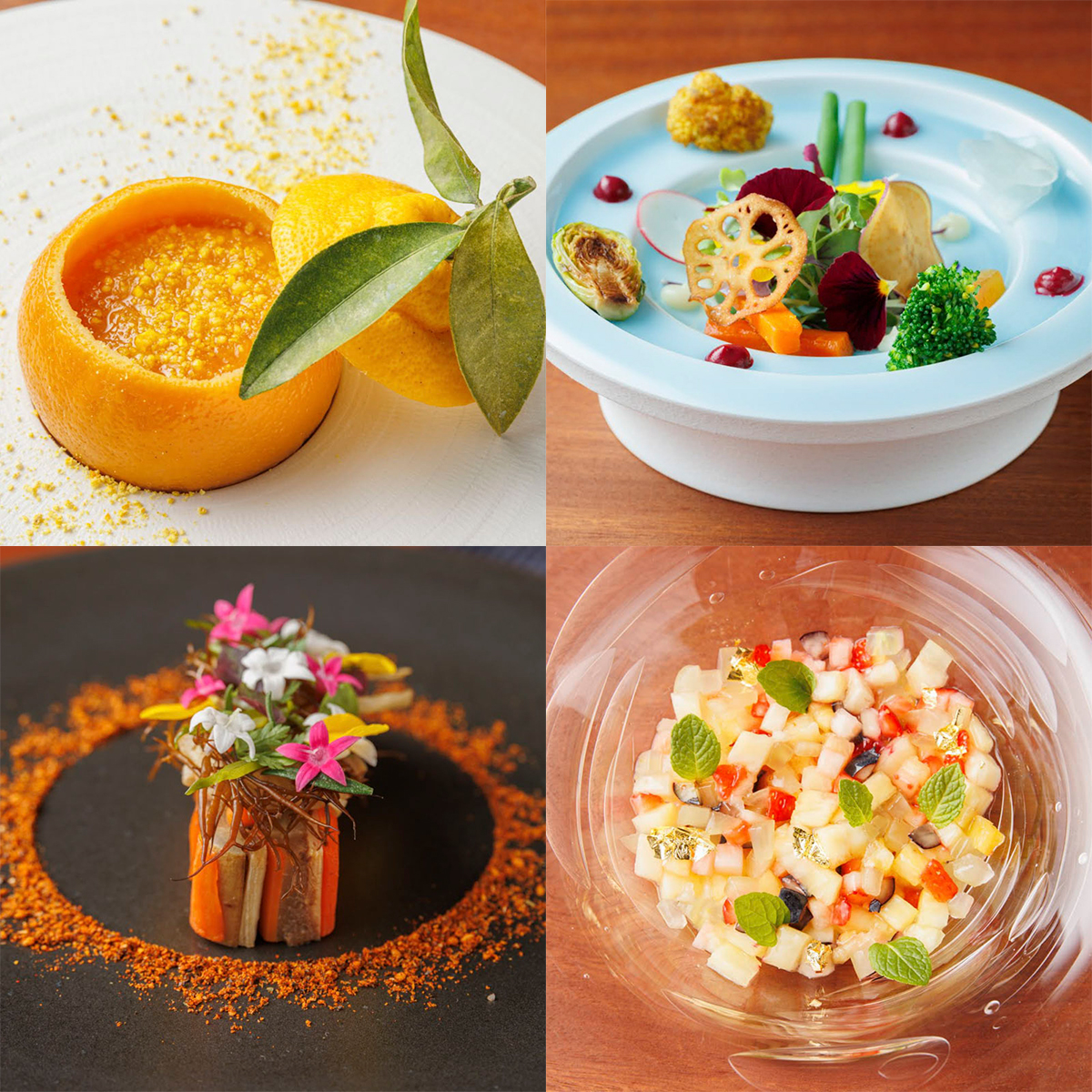 左上「三宝柑の茶わん蒸」、右上「菜園サラダ」、左下「大地の根菜ミルフィーユ」、右下「サラダ ドゥ フリュイ」