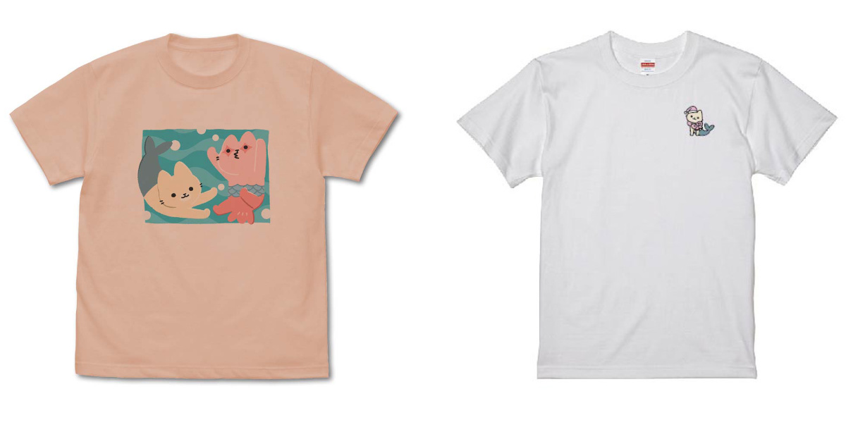 左：「ねこようかいTシャツ M～XL」3,850円、右：「ワンポイントTシャツ（にんぎょ） フリーサイズ」4,400円（共に税込）