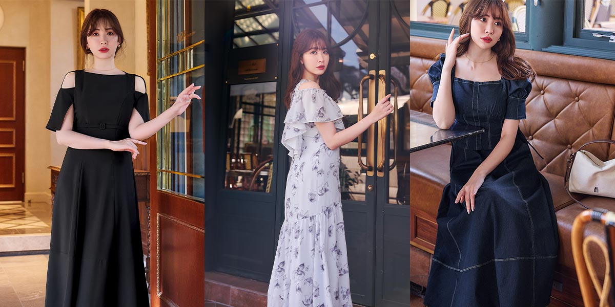 左から「Adelaide Slit Sleeve Belted Dress（black ／ ecru）」25,000円、「Laminak Floral Dress（cloud ／ citrus）」26,000円、「Eze Puff-Sleeve Denim Dress（indigo）」26,000円（各税込）