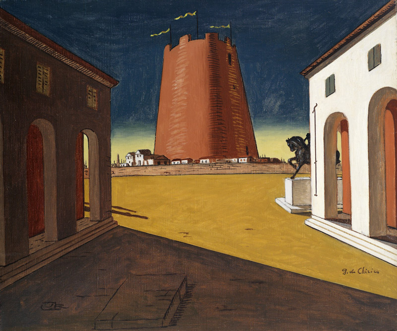 《バラ色の塔のあるイタリア広場》 1934年頃、油彩・カンヴァストレント・エ・ロヴェレート近現代美術館（L.F.コレクションより長期貸与）&copy; Archivio Fotografico e Mediateca Mart &copy; Giorgio de Chirico, by SIAE 2024