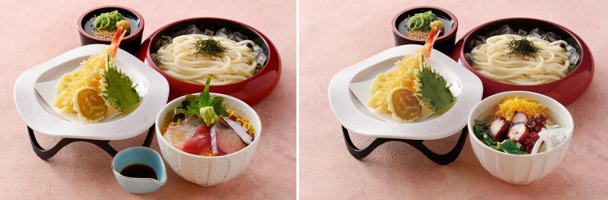 左：「天ぷら付き冷やしうどんミニ海鮮丼セット」、右：「天ぷら付き冷やしうどんミニ蛸丼セット」　各1,880円（税込）