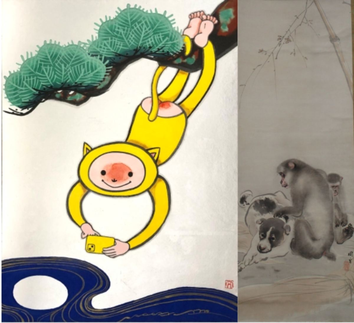 テーマ：猿・小動物（左）山本太郎「猿猴撮月図」F4号（右）橋本関雪「犬猿馴致」軸装125&times;41cm