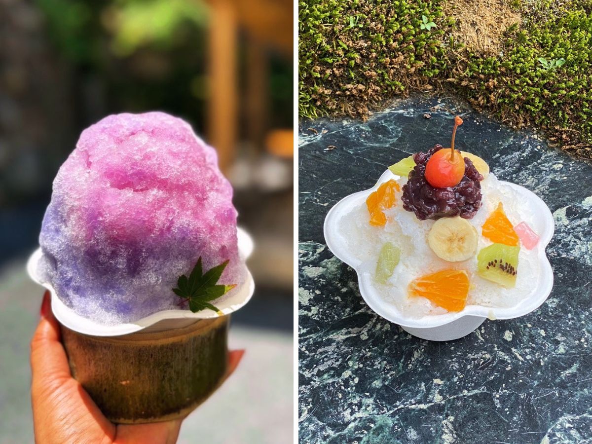 （左）「紫陽花氷」1,100円、（右）「しろくま氷」1,100円（各税込）※入荷によってフルーツが変わります
