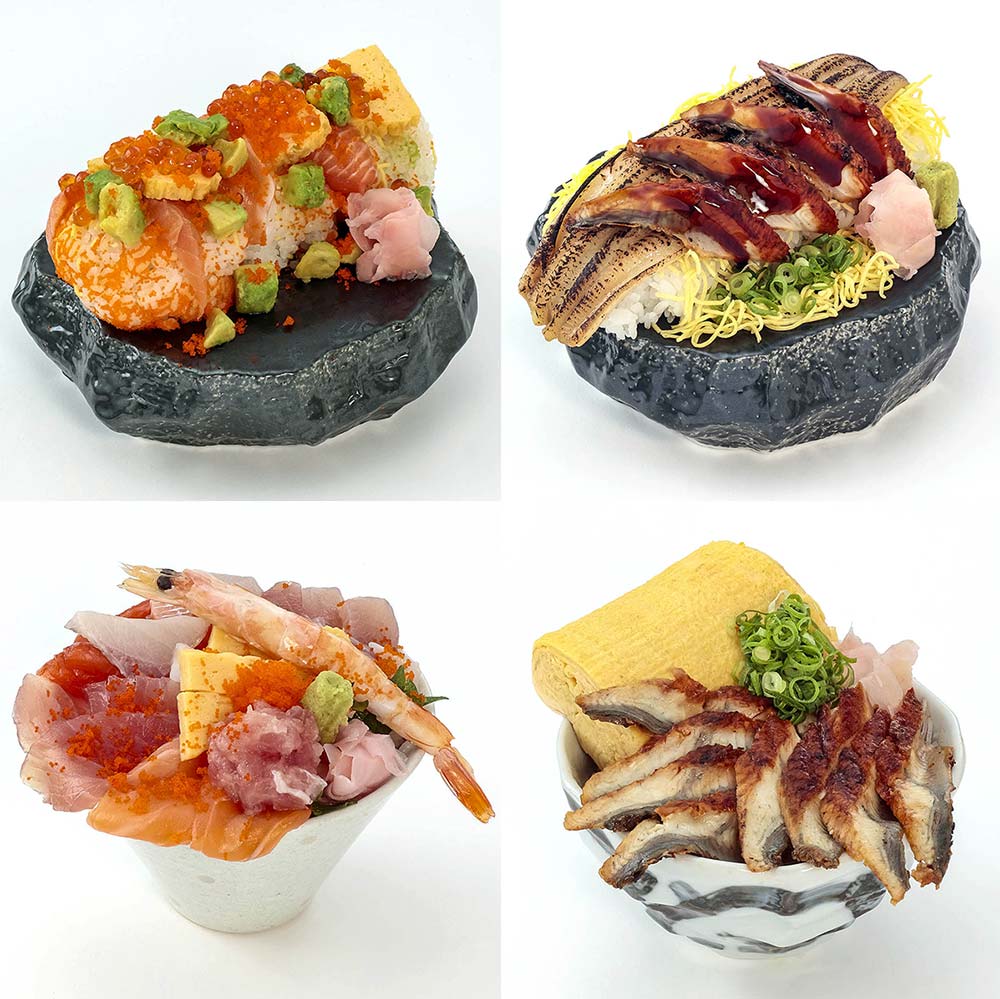 左上「名物 海鮮ドラゴン」1,580円、右上「まるごと1本穴子と鰻丼」1,580円、左下「まるき海鮮バラちらし丼」980円、「はみ出る出汁巻きと刻み鰻丼」1,390円（各税込）