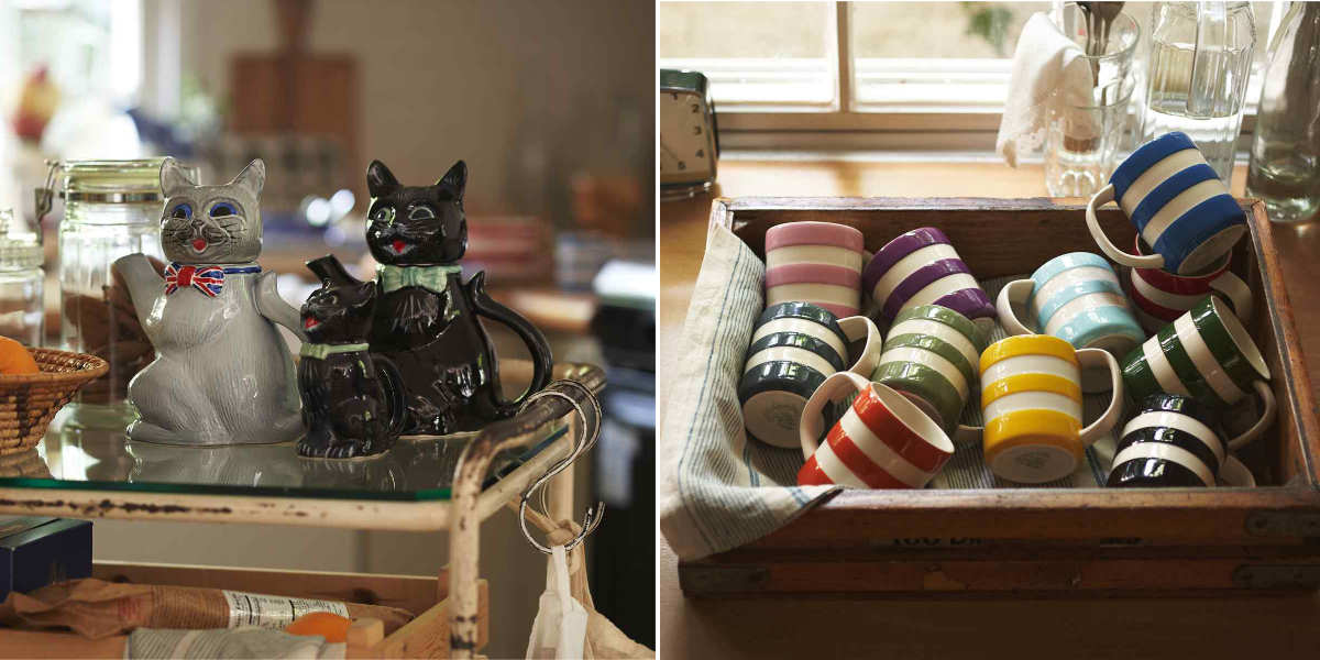 左 ：【Otter Potter】「Grey Cat Tea Pot&ldquo;Jack&rdquo;」29,700円、「Black Cat Tea Pot&ldquo;CHARLIE&rdquo;」 29,700円、「Black Cat Creamer&ldquo;SIMBA&rdquo;」 15,400円、右：【Cornishware】「マグカップ（10OZ） 」各3,080円（すべて税込）