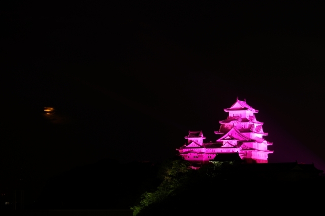 ピンクリボン キャンペーンの一環として10月1日、ピンク色にライトアップされた姫路城